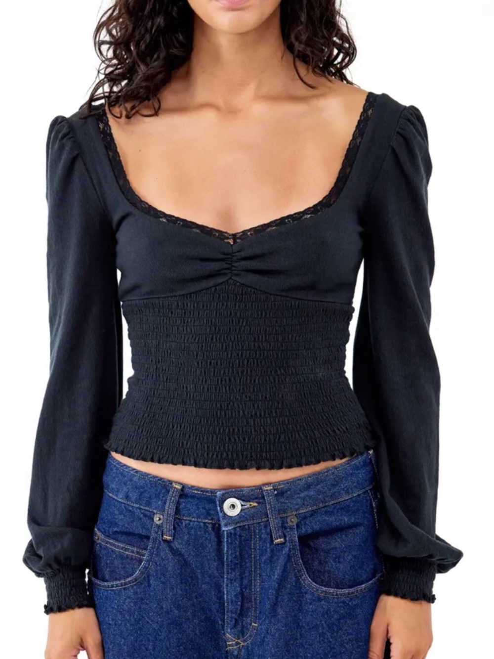 BDG Black Smocked Lace-Trim Long Sleeve Top